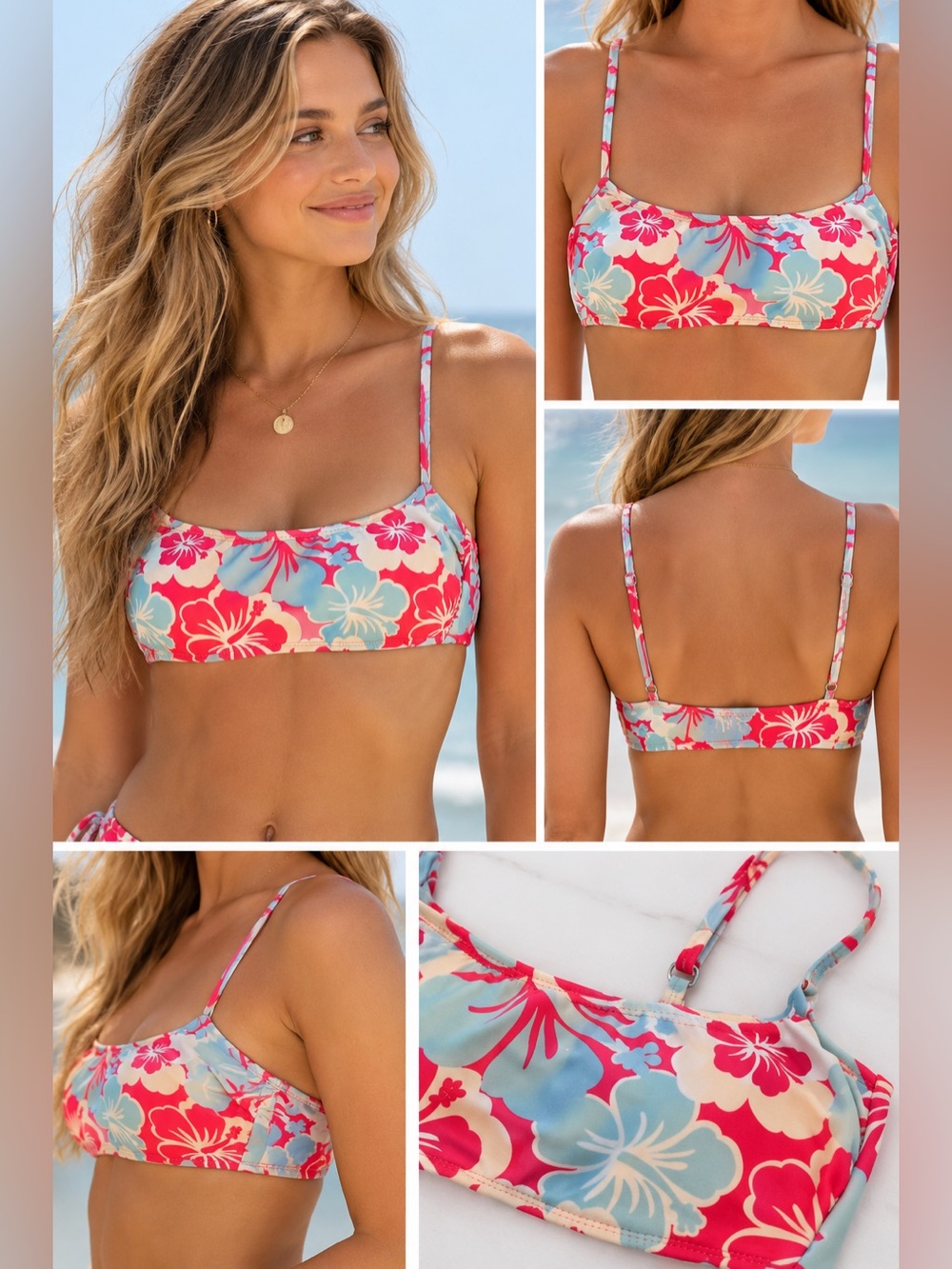 Wild‎ Fable Pink Blue Hibiscus Floral Bikini Top Medium Tropical Swimwear